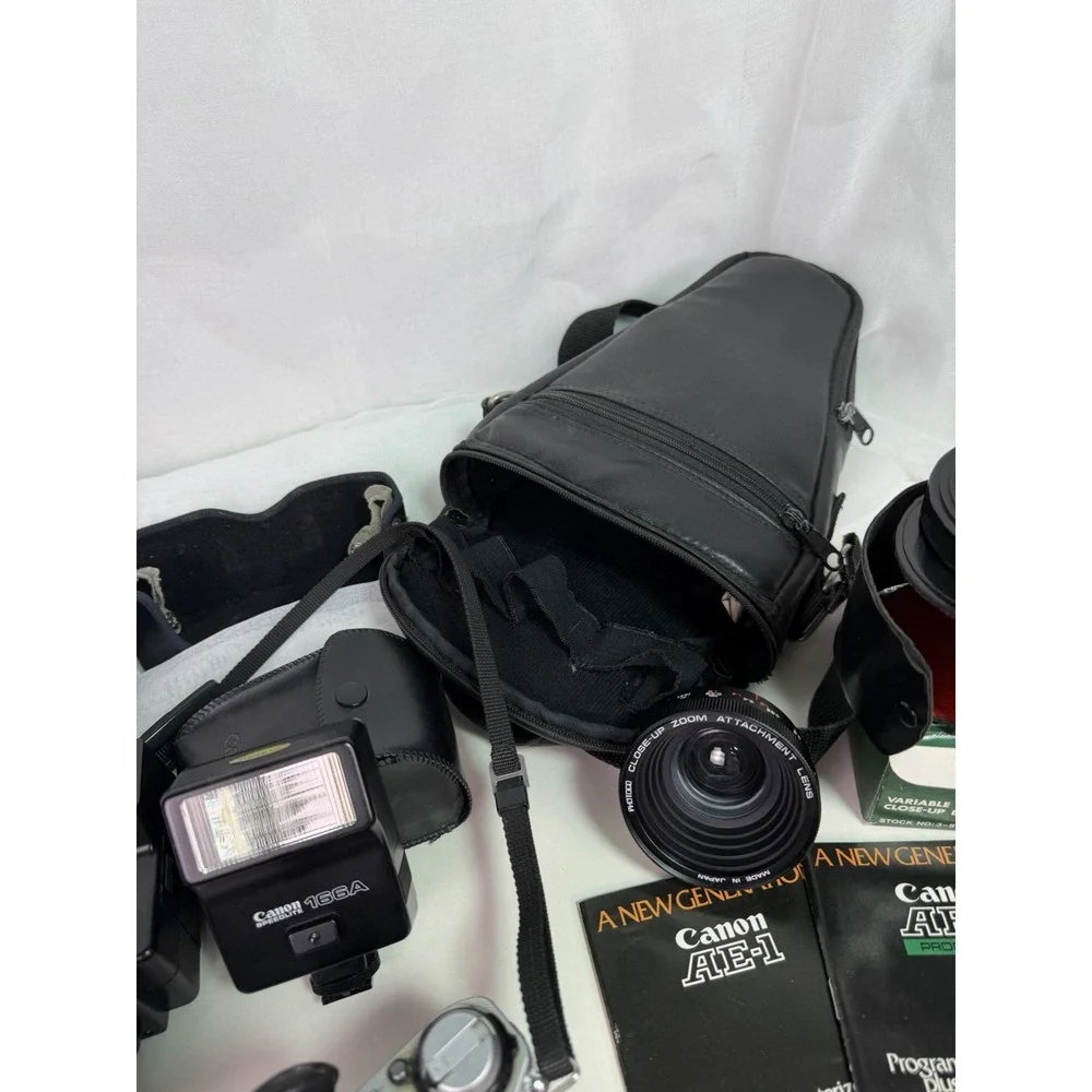 Canon AE-1 Program 35mm SLR Camera FD 50mm Lens 80-200mm Flash Kit Extras READ v
